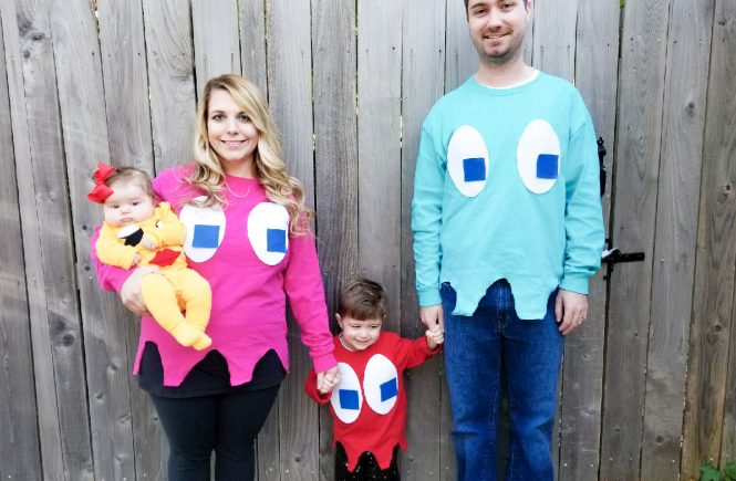 Ms. Pacman and Ghosts Costumes! Here's a DIY family Halloween costume idea that is easy to put together, even as a last-minute Halloween costume! This family Halloween costume could also be adapted to a regular Pac-man for a boy infant or toddler. Pacman and Ms. Pacman costumes would also be great for cosplay or dress-up outside of Halloween, too!