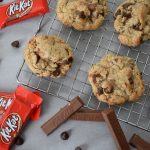 This delicious KitKat Cookie Recipe is the perfect way to use leftover Halloween candy! These KitKat cookies also make a great holiday party dessert or a treat any time of the year. They're soft, chewy, and soooo tasty. If you're looking for a soft-baked chocolate chip cookie recipe with a little something extra, this is it! Trust me, Kit Kat isn't just for Halloween anymore!