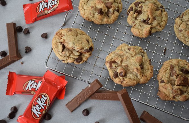 This delicious KitKat Cookie Recipe is the perfect way to use leftover Halloween candy! These KitKat cookies also make a great holiday party dessert or a treat any time of the year. They're soft, chewy, and soooo tasty. If you're looking for a soft-baked chocolate chip cookie recipe with a little something extra, this is it! Trust me, Kit Kat isn't just for Halloween anymore!