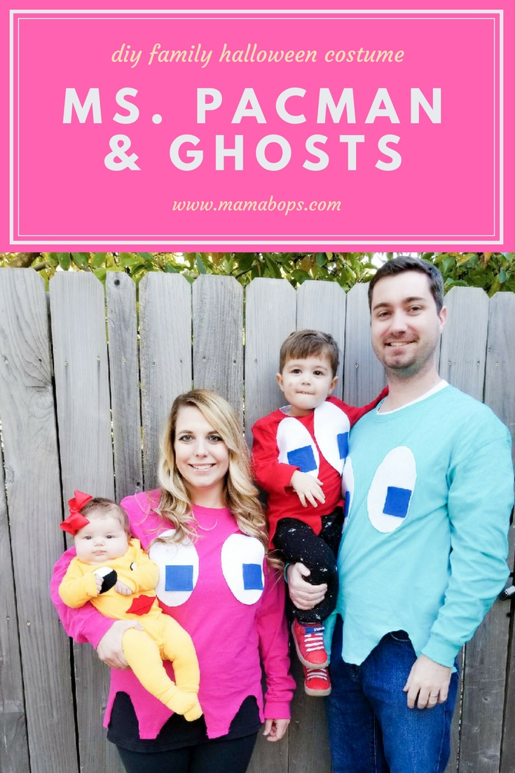 Ms. Pacman and Ghosts Costumes! Here's a DIY family Halloween costume idea that is easy to put together, even as a last-minute Halloween costume! This family Halloween costume could also be adapted to a regular Pac-man for a boy infant or toddler. Pacman and Ms. Pacman costumes would also be great for cosplay or dress-up outside of Halloween, too!