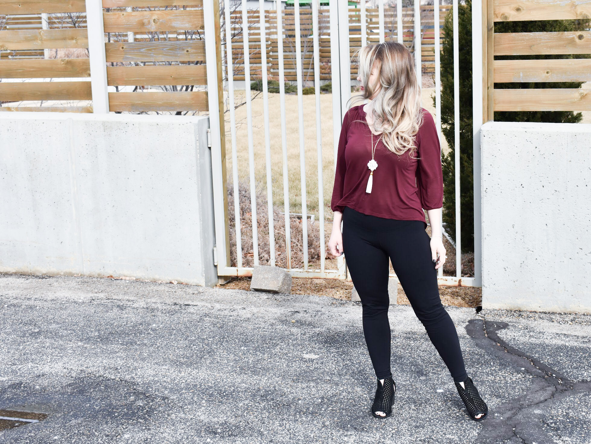 Dress Up Leggings with Ankle Boots. One of my favorite outfit ideas for leggings is to dress the leggings up with some stylish ankle boots! Take leggings from day to night with this easy styling trick! Here, I styled black leggings with black ankle boots for a sleek monochromatic look.