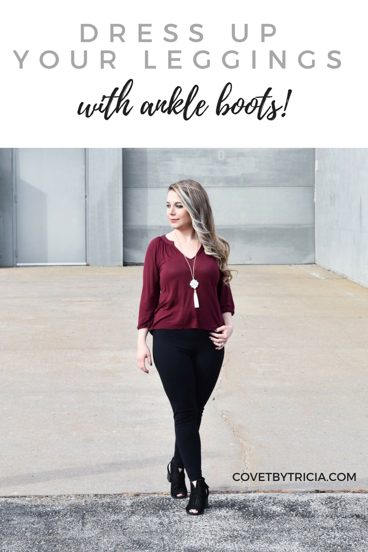 Dress Up Leggings with Ankle Boots. One of my favorite outfit ideas for leggings is to dress the leggings up with some stylish ankle boots! Take leggings from day to night with this easy styling trick! Here, I styled black leggings with black ankle boots for a sleek monochromatic look.