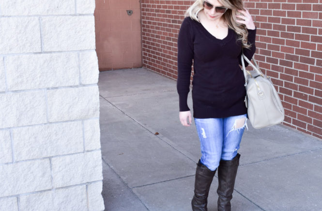 Brown Sweater and Ripped Denim: We're in the midst of a never-ending winter in Kansas City [ugh, Kansas weather!], so, as a Kansas City fashion blogger, I'm sharing one of my favorite winter fashion looks to get your wardrobe through until spring hits! You can't go wrong with a classic brown v-neck sweater, and the ripped jeans give this outfit a bit of edge. Of course, no mom outfit is complete without a stylish diaper bag!