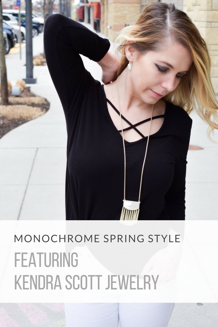 Monochrome Kendra Scott Jewelry Look: Kansas City fashion blogger COVET by tricia showcases a black and white spring transitional spring style featuring Kendra Scott jewelry. Here's how to style a knotted blouse with white pants, peep-toe heels, and gorgeous jewelry from Kendra Scott. The jewelry used in this post is available from Threshing Bee in Overland Park, KS.