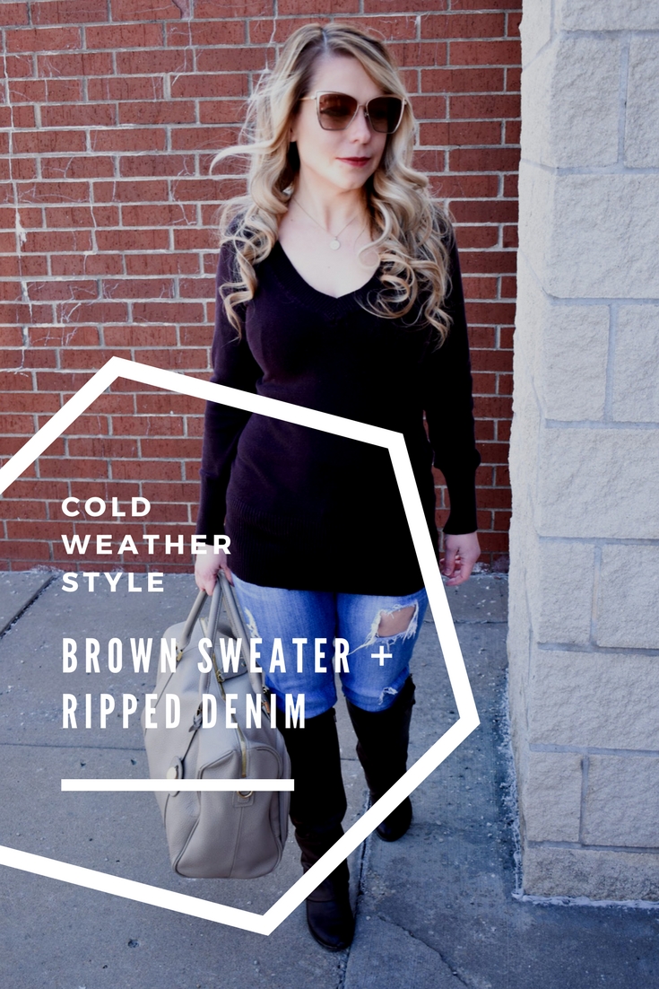 Brown Sweater and Ripped Denim: We're in the midst of a never-ending winter in Kansas City [ugh, Kansas weather!], so, as a Kansas City fashion blogger, I'm sharing one of my favorite winter fashion looks to get your wardrobe through until spring hits! You can't go wrong with a classic brown v-neck sweater, and the ripped jeans give this outfit a bit of edge. Of course, no mom outfit is complete without a stylish diaper bag!