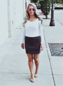 How to Wear a Bodysuit - White Bodysuit and Mini Skirt Style 3 How to Wear a Bodysuit - White Bodysuit and Mini Skirt Style: Fashion blogger COVET by tricia shows how to wear a bodysuit by showcasing a white bodysuit and mini skirt outfit. Bodysuits are one of the biggest trends as of late, but it can be difficult to work them into your existing wardrobe. Here's how to style a bodysuit with items already in your closet! This white off-the-shoulder bodysuit is a sexy look for day or night. COVET by tricia is a Kansas City blogger focusing on fashion and lifestyle.
