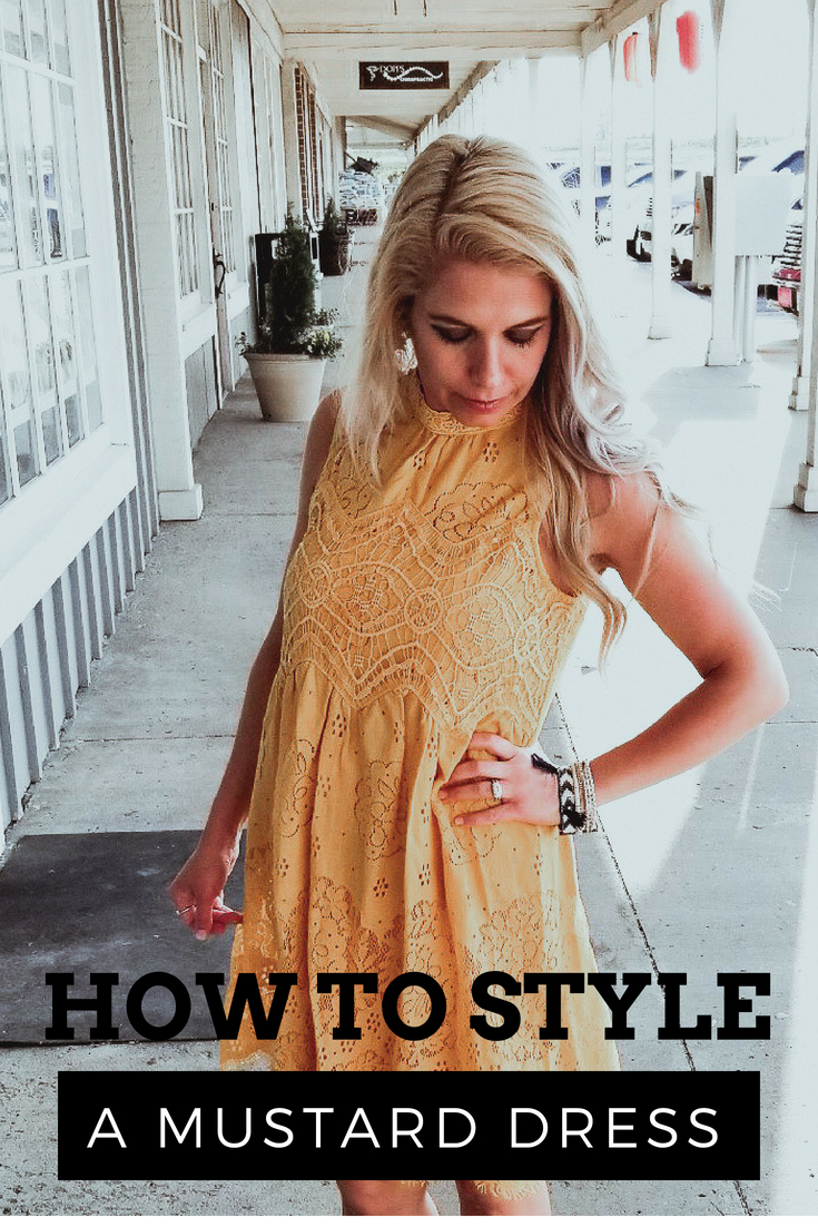 How to Style a Mustard Dress; Wondering what to wear with your mustard dress? Mustard is one of the most trendy colors in fashion right now, but it can be confusing to coordinate with the rest of your wardrobe. Here's how to style a mustard dress for summer with nude wedges and fun accessories! Fashion blogger COVET by tricia shows how to wear a mustard dress in summer, featuring a crochet dress from PinkBlush. Post includes an exclusive Victoria Emerson coupon code, too!