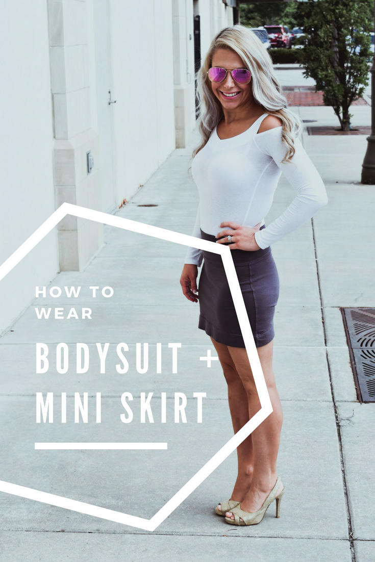 How to Wear a Bodysuit - White Bodysuit and Mini Skirt Style: Fashion blogger COVET by tricia shows how to wear a bodysuit by showcasing a white bodysuit and mini skirt outfit. Bodysuits are one of the biggest trends as of late, but it can be difficult to work them into your existing wardrobe. Here's how to style a bodysuit with items already in your closet! This white off-the-shoulder bodysuit is a sexy look for day or night. COVET by tricia is a Kansas City blogger focusing on fashion and lifestyle.