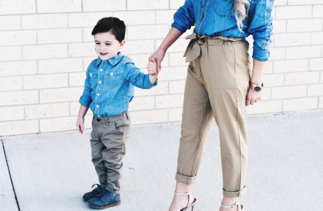 Mommy and Son Matching Outfit Ideas - Mommy and Me Outfits for Boys - Mommy and Me Son Outfits - Outfits for Mommy and Son - Chambray Shirt with Khakis is an outfit that can work for mommy and son! Fashion blogger COVET by tricia shows how to style a chambray shirt with khakis in a mommy and me outfit idea for boy moms. #KidsFashion #MommyandMe #Twinning #BoyMom