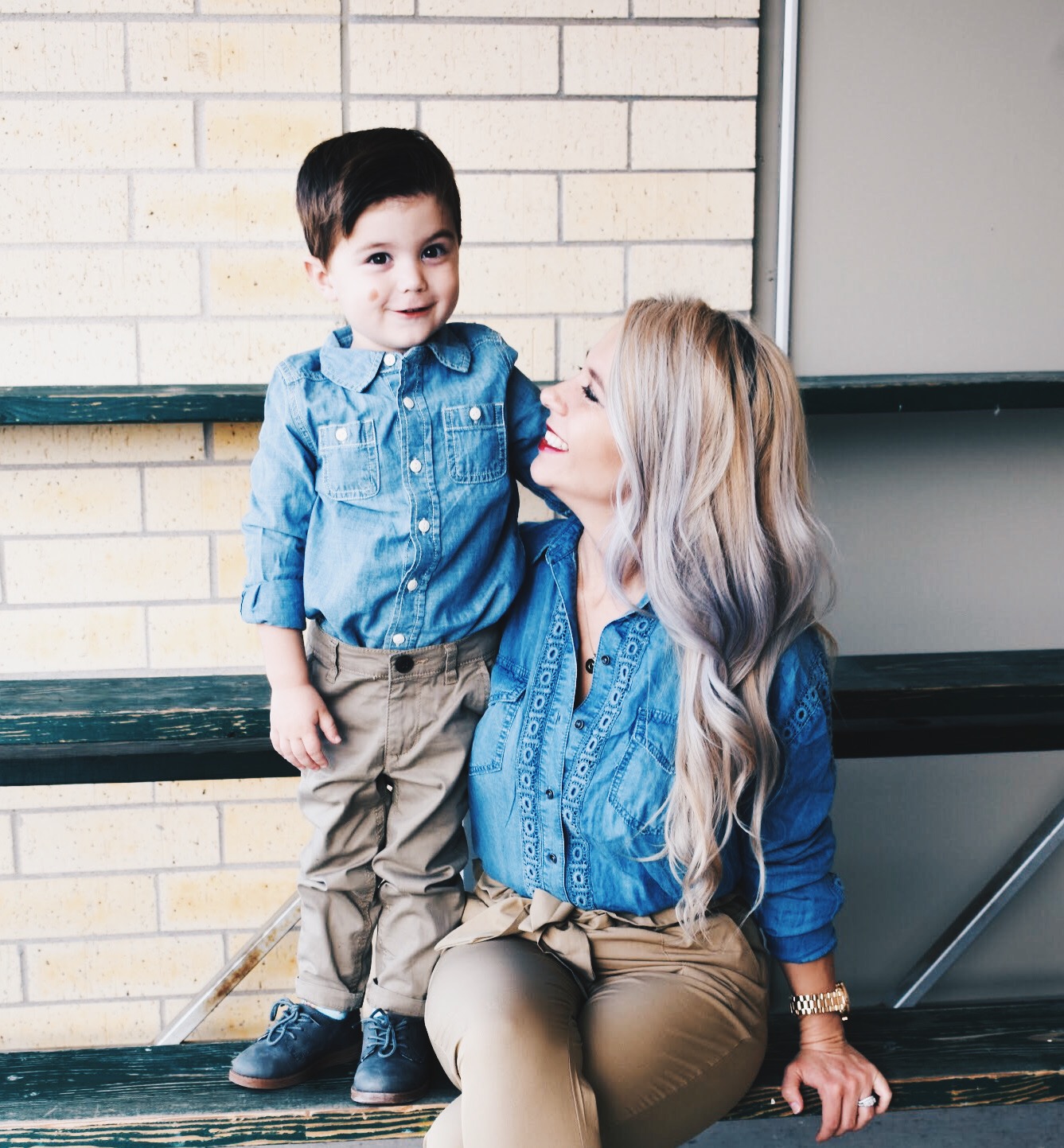 Mommy and Son Matching Outfit Ideas - Mommy and Me Outfits for Boys - Mommy and Me Son Outfits - Outfits for Mommy and Son - Chambray Shirt with Khakis is an outfit that can work for mommy and son! Fashion blogger COVET by tricia shows how to style a chambray shirt with khakis in a mommy and me outfit idea for boy moms. #KidsFashion #MommyandMe #Twinning #BoyMom