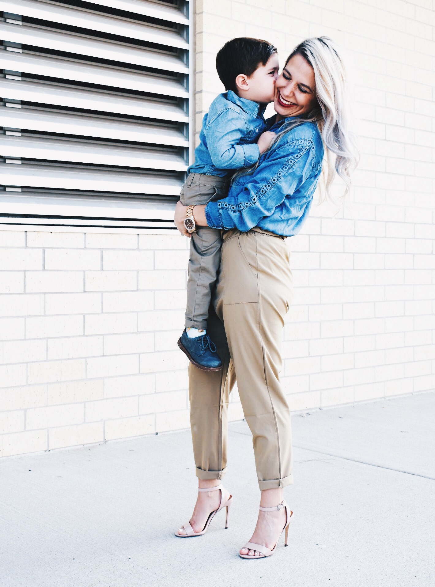 Mommy and Son Matching Outfit Ideas - Mommy and Me Outfits for Boys - Mommy and Me Son Outfits - Outfits for Mommy and Son - Chambray Shirt with Khakis is an outfit that can work for mommy and son! Fashion blogger COVET by tricia shows how to style a chambray shirt with khakis in a mommy and me outfit idea for boy moms. #KidsFashion #MommyandMe #Twinning #BoyMom