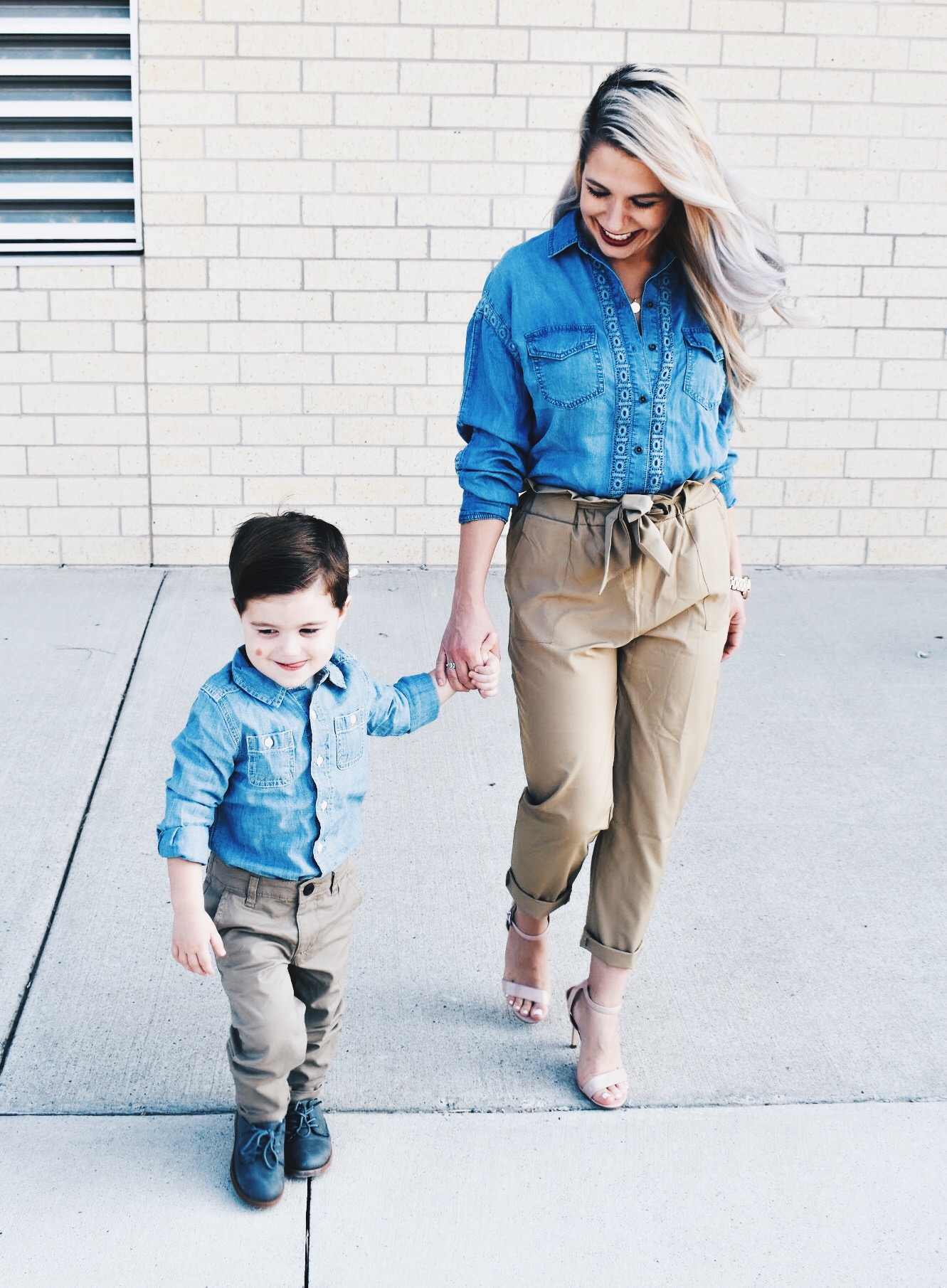 Mommy and Son Matching Outfit Ideas - Mommy and Me Outfits for Boys - Mommy and Me Son Outfits - Outfits for Mommy and Son - Chambray Shirt with Khakis is an outfit that can work for mommy and son! Fashion blogger COVET by tricia shows how to style a chambray shirt with khakis in a mommy and me outfit idea for boy moms. #KidsFashion #MommyandMe #Twinning #BoyMom