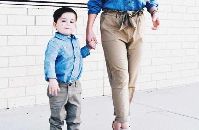 Mommy and Son Matching Outfit Ideas - Mommy and Me Outfits for Boys - Mommy and Me Son Outfits - Outfits for Mommy and Son - Chambray Shirt with Khakis is an outfit that can work for mommy and son! Fashion blogger COVET by tricia shows how to style a chambray shirt with khakis in a mommy and me outfit idea for boy moms. #KidsFashion #MommyandMe #Twinning #BoyMom