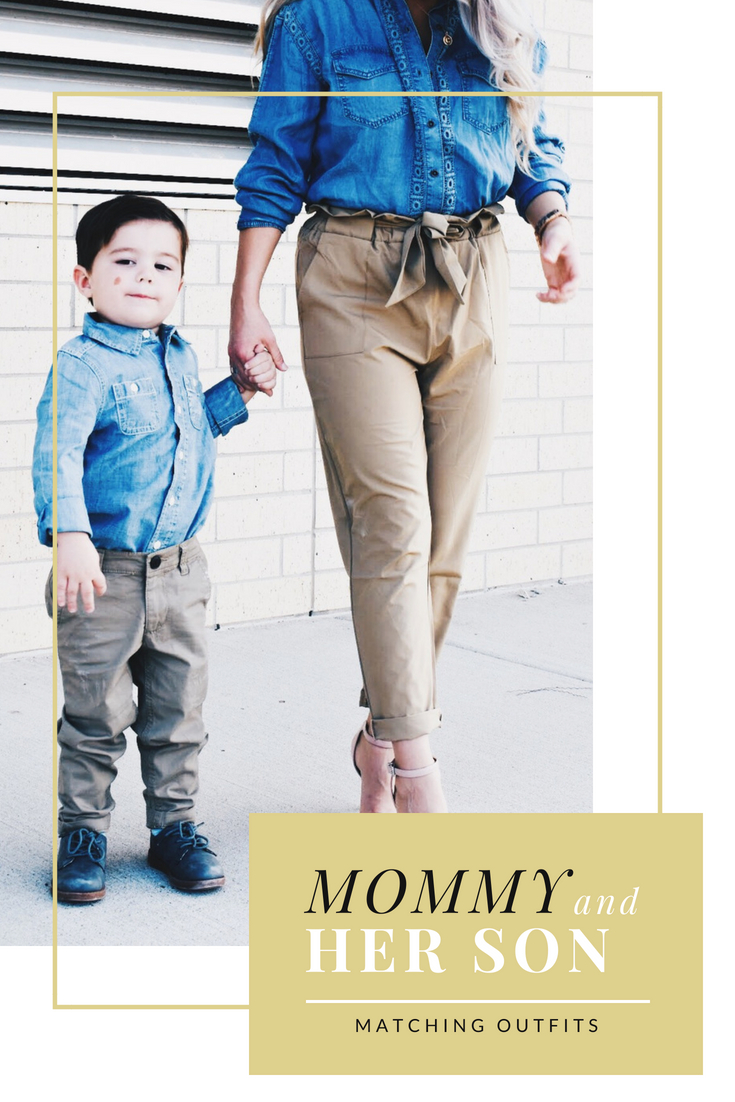 Mommy and Son Matching Outfit Ideas - Mommy and Me Outfits for Boys - Mommy and Me Son Outfits - Outfits for Mommy and Son - Chambray Shirt with Khakis is an outfit that can work for mommy and son! Fashion blogger COVET by tricia shows how to style a chambray shirt with khakis in a mommy and me outfit idea for boy moms. #KidsFashion #MommyandMe #Twinning #BoyMom