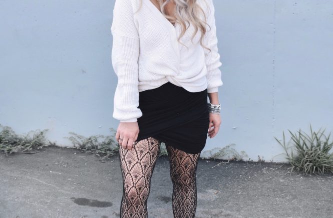 Fishnet Tights Outfit Ideas - Fall Street Style 2018 - Fashion blogger fishnet tights outfit showing how to use fishnet tights to transition your wardrobe to fall. Fishnet tights and mini skirt outfit helps you with how to wear a mini skirt in fall. Plus, this twist-front sweater is the cutest you'll ever see! Check out this Street Style Fall 2018 inspiration! #LikeTKit #Fishnets #FishnetTights #FallFashion #WomensFashion