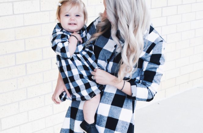 Mommy and Me Dresses - Fall Matching Clothes for Mommy and Daughter. These Mommy and Me plaid dresses are perfect for twinning with your mini me. Best of all, they're super affordable -- you can get both dresses for around $30 total! Perfect Mommy and Me outfit inspo from fashion blogger Tricia Nibarger of COVET by tricia, showcasing plaid dresses for Mom and Daughter. #MommyandMe #GirlMom #LikeTKit