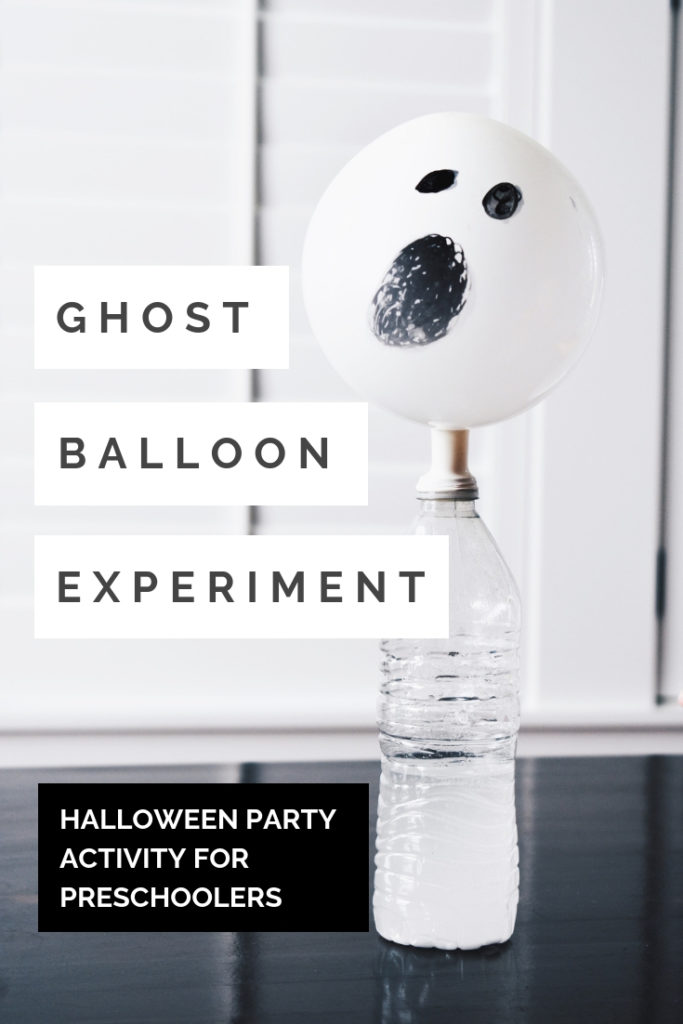 Ghost Balloon Experiment - Halloween Party Activity for Preschoolers - This self-inflating ghost balloon experiment will amaze children and adults alike for your preschool Halloween party! Here's an easy Halloween party activity for preschoolers; all you need is vinegar and baking soda. Try this self-inflating balloon experiment for your next preschool Halloween party! #Halloween #Preschool #STEMLearning