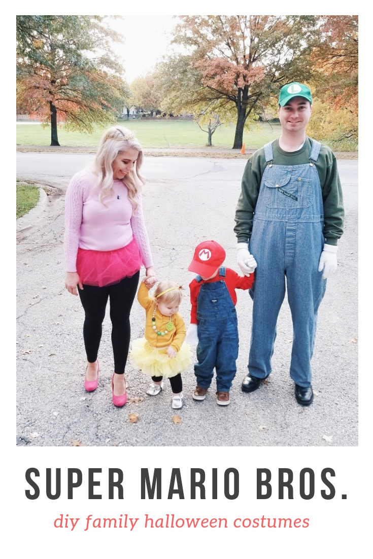 Super Mario Halloween Costumes Family - DIY Family Halloween Costume Ideas for the Super Mario-loving family! Mario Costume, Luigi Costume, Princess Peach Costume, and Princess Daisy Costume come together for a Super Mario Family Halloween Costume that will surely be a hit! #Halloween #FamilyCostumes #Mario