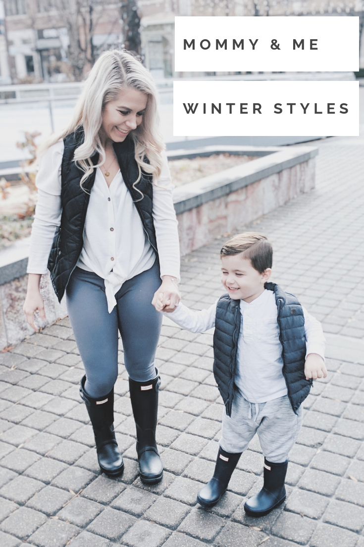 Mommy and Me Outfits - Winter Style: Fashion blogger Tricia Nibarger of COVET by tricia showcases twinning looks for the winter! Find the cutest mommy and me fashion for boy moms or girl moms with these matching puffer vests, henleys, and Hunter boots. Casual winter style for moms. #MommyandMe #MomLife #Twinning