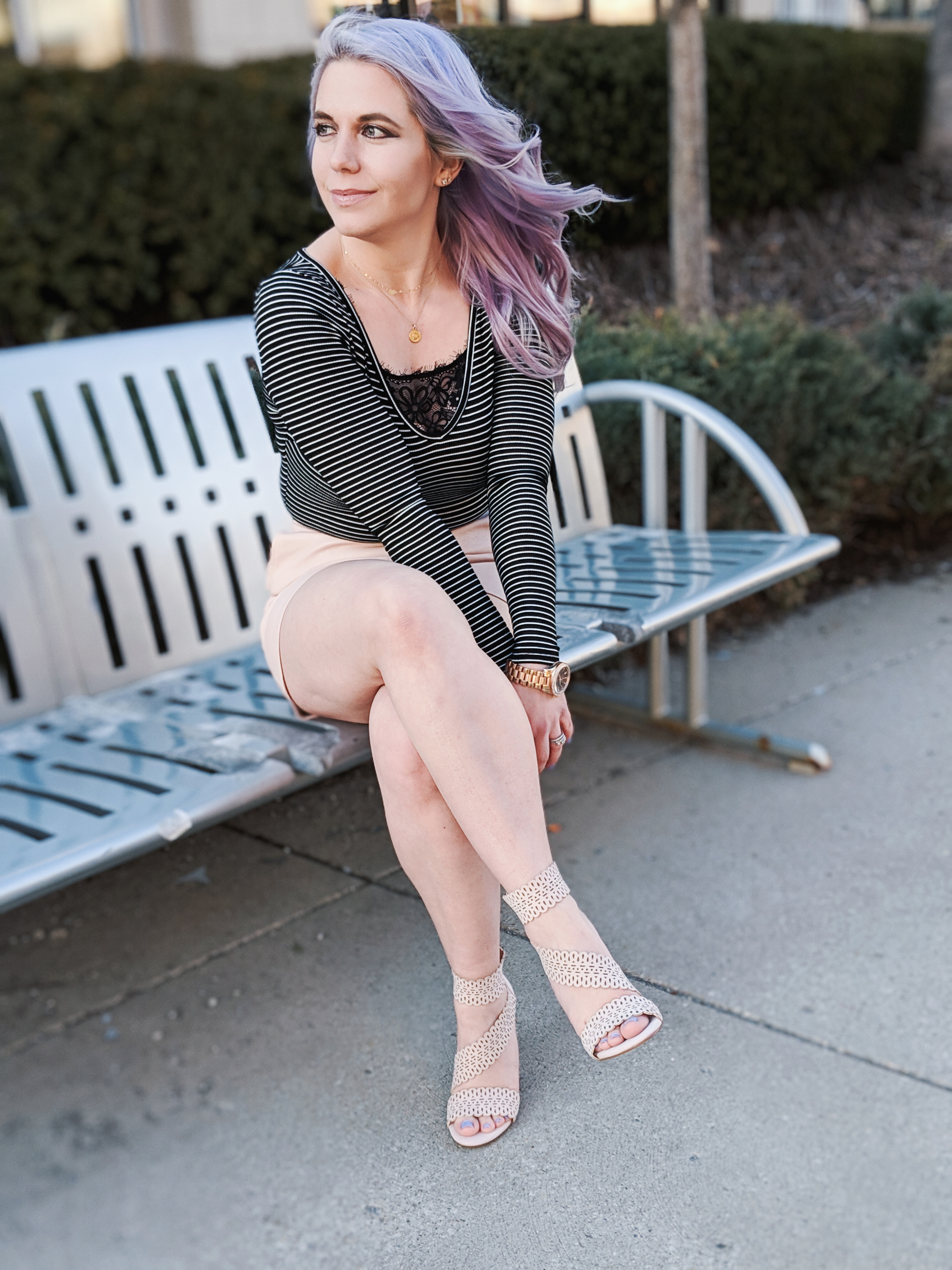 Cute Shoes for Spring 2019 - Where to find the best cute shoes for spring 2019! Kansas City fashion blogger Tricia Nibarger of COVET by tricia showcases the shoe selection at Off Broadway Shoes at Legends Outlets in Kansas City. (ad) Strappy nude sandals are paired with a pink leather mini skirt, black bodysuit, and cute bralette. #obshoes #fashion #style #fashionista #styleinspo