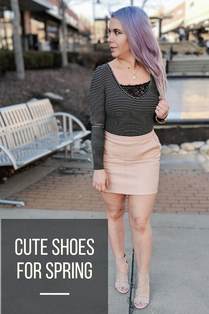 Cute Shoes for Spring 2019 - Where to find the best cute shoes for spring 2019! Kansas City fashion blogger Tricia Nibarger of COVET by tricia showcases the shoe selection at Off Broadway Shoes at Legends Outlets in Kansas City. (ad) Strappy nude sandals are paired with a pink leather mini skirt, black bodysuit, and cute bralette. #obshoes #fashion #style #fashionista #styleinspo