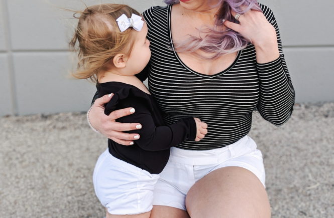 #sponsored This gorgeous tennis bracelet is the perfect finishing touch to this black and white spring outfit! The tennis bracelet is from @Kohls fine jewelry collection and matches everything! I love the sparkle it adds to this black bodysuit and white scalloped shorts outfit for spring fashion 2019. #KohlsJewelry #KohlsFinds #WomensFashion #SpringStyle