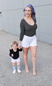 #sponsored This gorgeous tennis bracelet is the perfect finishing touch to this black and white spring outfit! The tennis bracelet is from @Kohls fine jewelry collection and matches everything! I love the sparkle it adds to this black bodysuit and white scalloped shorts outfit for spring fashion 2019. #KohlsJewelry #KohlsFinds #WomensFashion #SpringStyle