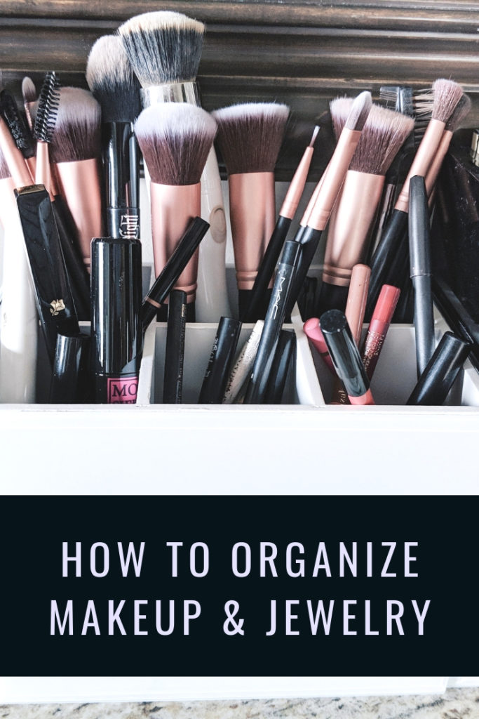 How to Organize Makeup and Jewelry: Organization tips for makeup and jewelry when you don't have a dedicated vanity space. How to organize your makeup and how to organize your jewelry to make your morning routine run much more smoothly! Blogger Tricia Nibarger of COVET by tricia showcases jewelry storage and makeup storage solutions. #organization #tidyingup #sparkjoy