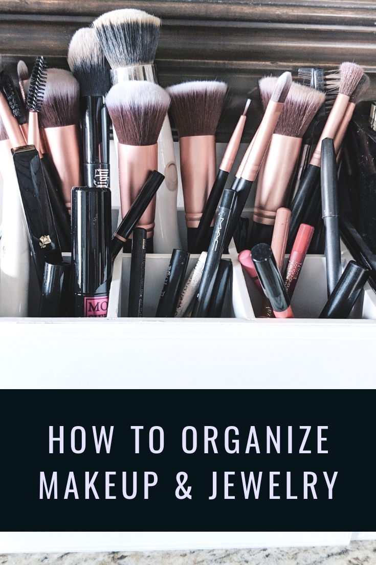 How to Organize Makeup and Jewelry: Organization tips for makeup and jewelry when you don't have a dedicated vanity space. How to organize your makeup and how to organize your jewelry to make your morning routine run much more smoothly! Blogger Tricia Nibarger of COVET by tricia showcases jewelry storage and makeup storage solutions. #organization #tidyingup #sparkjoy 