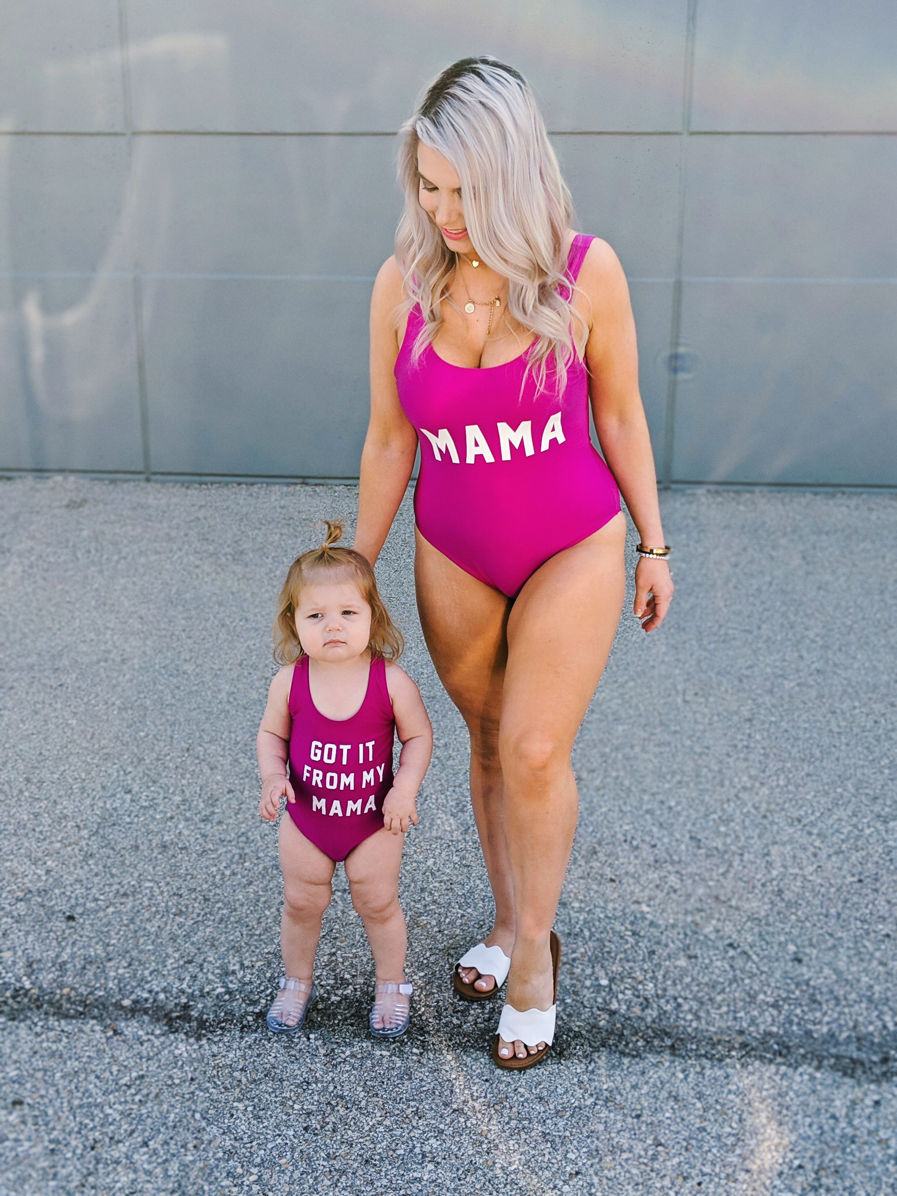 Finally a blogger showing some cheap mommy and me swimsuits! I can't afford those expensive suits and these mommy and me swimsuits are just as cute. Mama and Got it From My Mama swimsuits available in pink and other colors. There's also a Papa version for dads! The cutest mommy and me outfit ideas! #mommyandme #mommyandmeswimsuits #ltkfamily