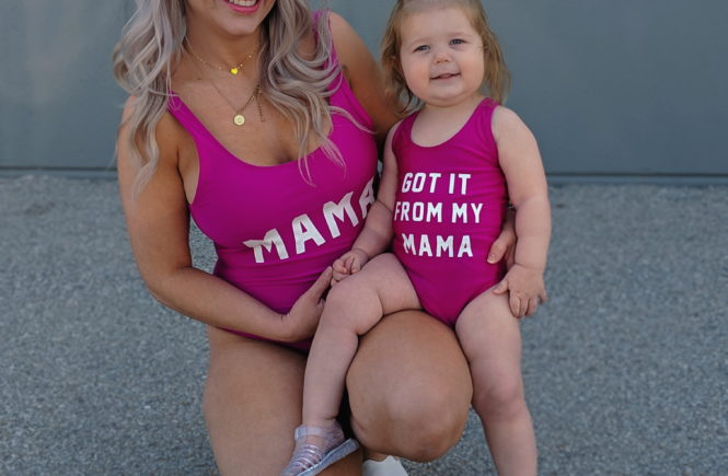 Finally a blogger showing some cheap mommy and me swimsuits! I can't afford those expensive suits and these mommy and me swimsuits are just as cute. Mama and Got it From My Mama swimsuits available in pink and other colors. There's also a Papa version for dads! The cutest mommy and me outfit ideas! #mommyandme #mommyandmeswimsuits #ltkfamily