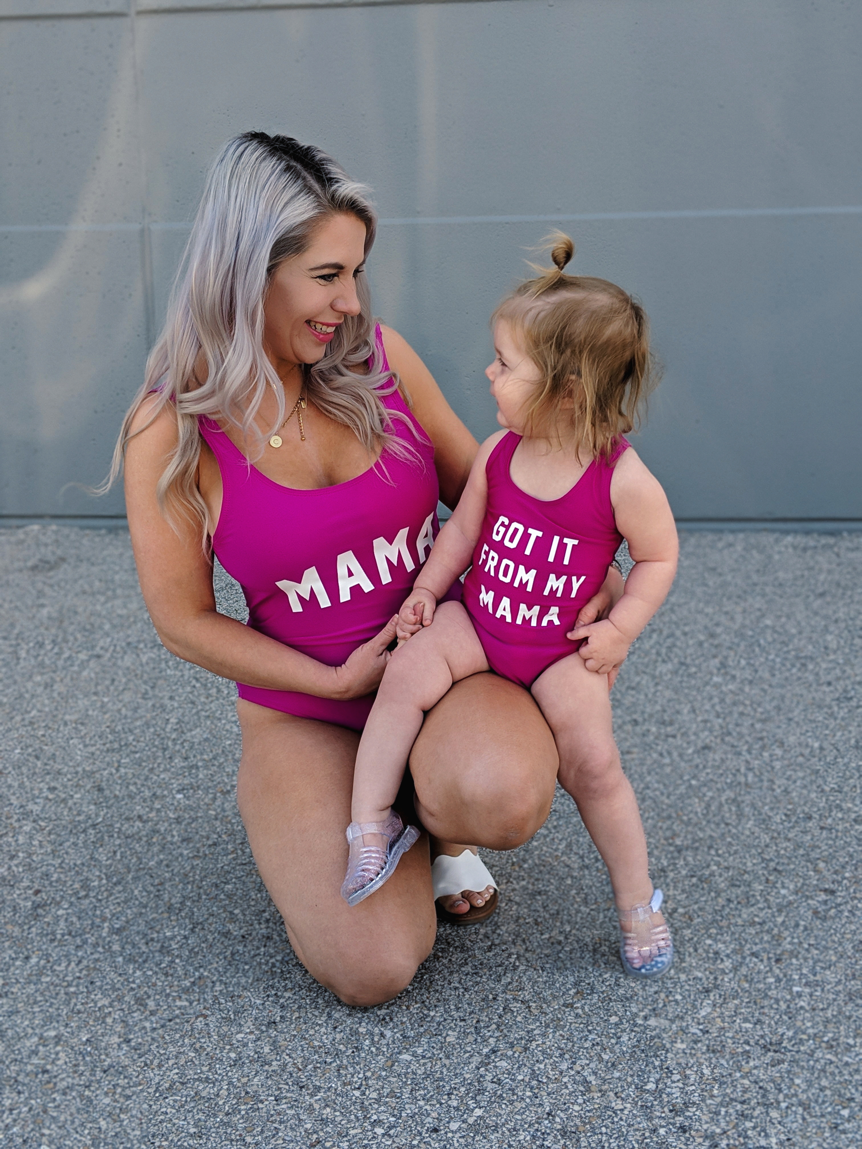 Finally a blogger showing some cheap mommy and me swimsuits! I can't afford those expensive suits and these mommy and me swimsuits are just as cute. Mama and Got it From My Mama swimsuits available in pink and other colors. There's also a Papa version for dads! The cutest mommy and me outfit ideas! #mommyandme #mommyandmeswimsuits #ltkfamily 