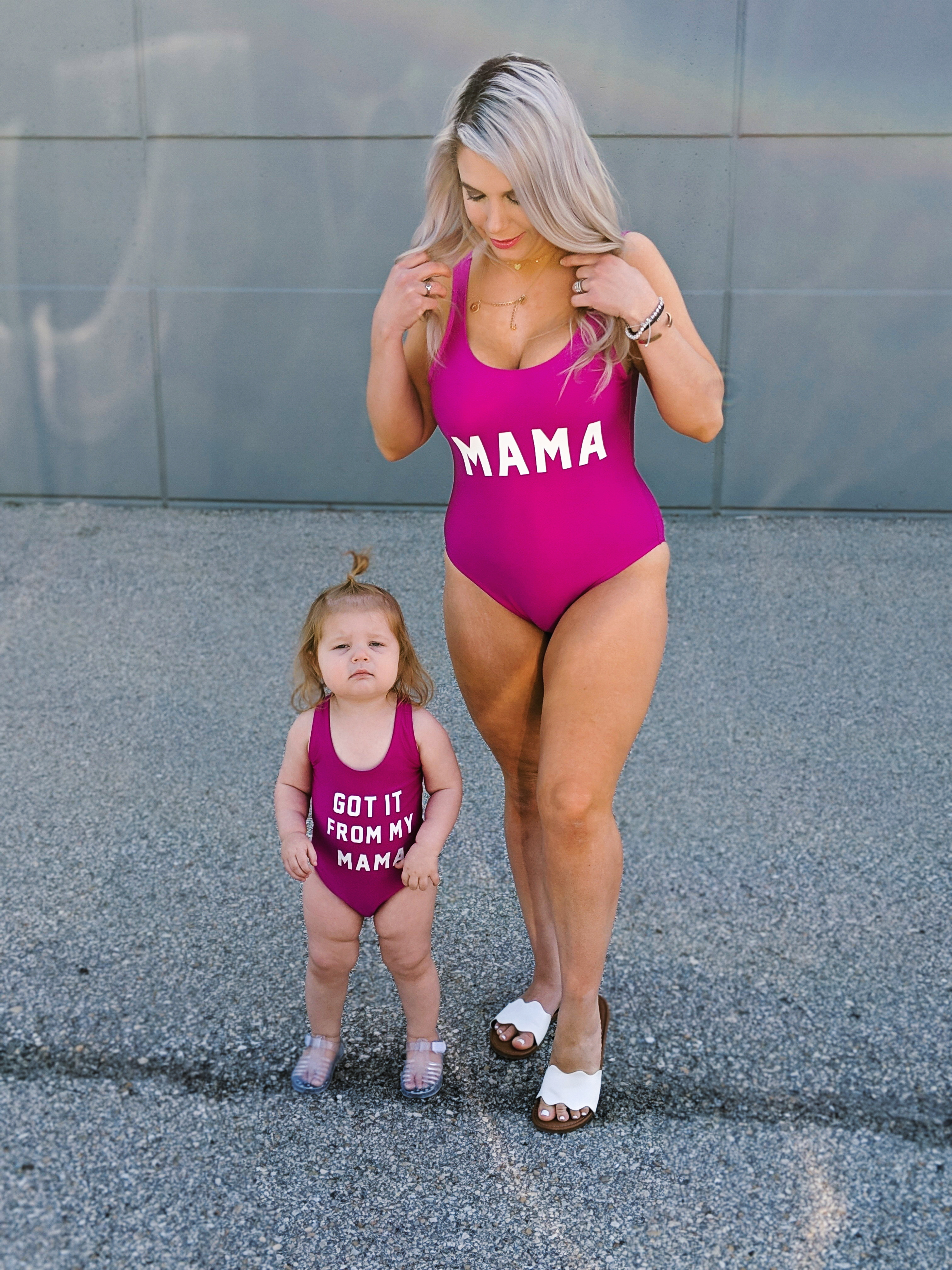 Finally a blogger showing some cheap mommy and me swimsuits! I can't afford those expensive suits and these mommy and me swimsuits are just as cute. Mama and Got it From My Mama swimsuits available in pink and other colors. There's also a Papa version for dads! The cutest mommy and me outfit ideas! #mommyandme #mommyandmeswimsuits #ltkfamily 