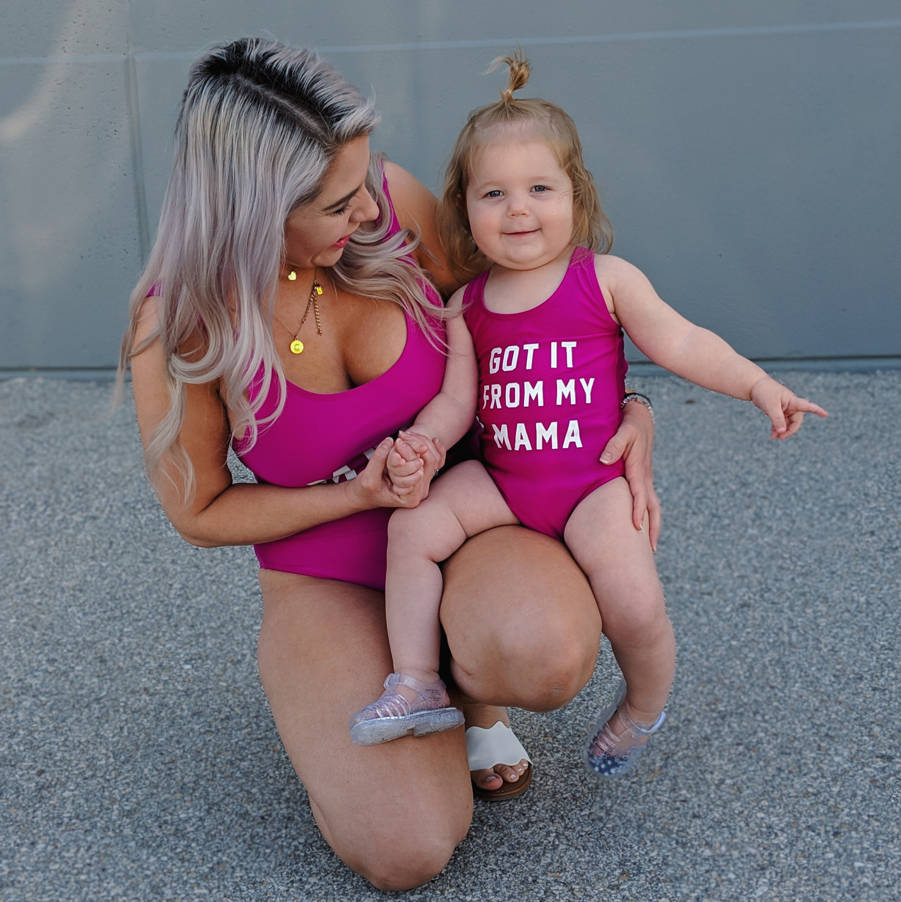 Finally a blogger showing some cheap mommy and me swimsuits! I can't afford those expensive suits and these mommy and me swimsuits are just as cute. Mama and Got it From My Mama swimsuits available in pink and other colors. There's also a Papa version for dads! The cutest mommy and me outfit ideas! #mommyandme #mommyandmeswimsuits #ltkfamily