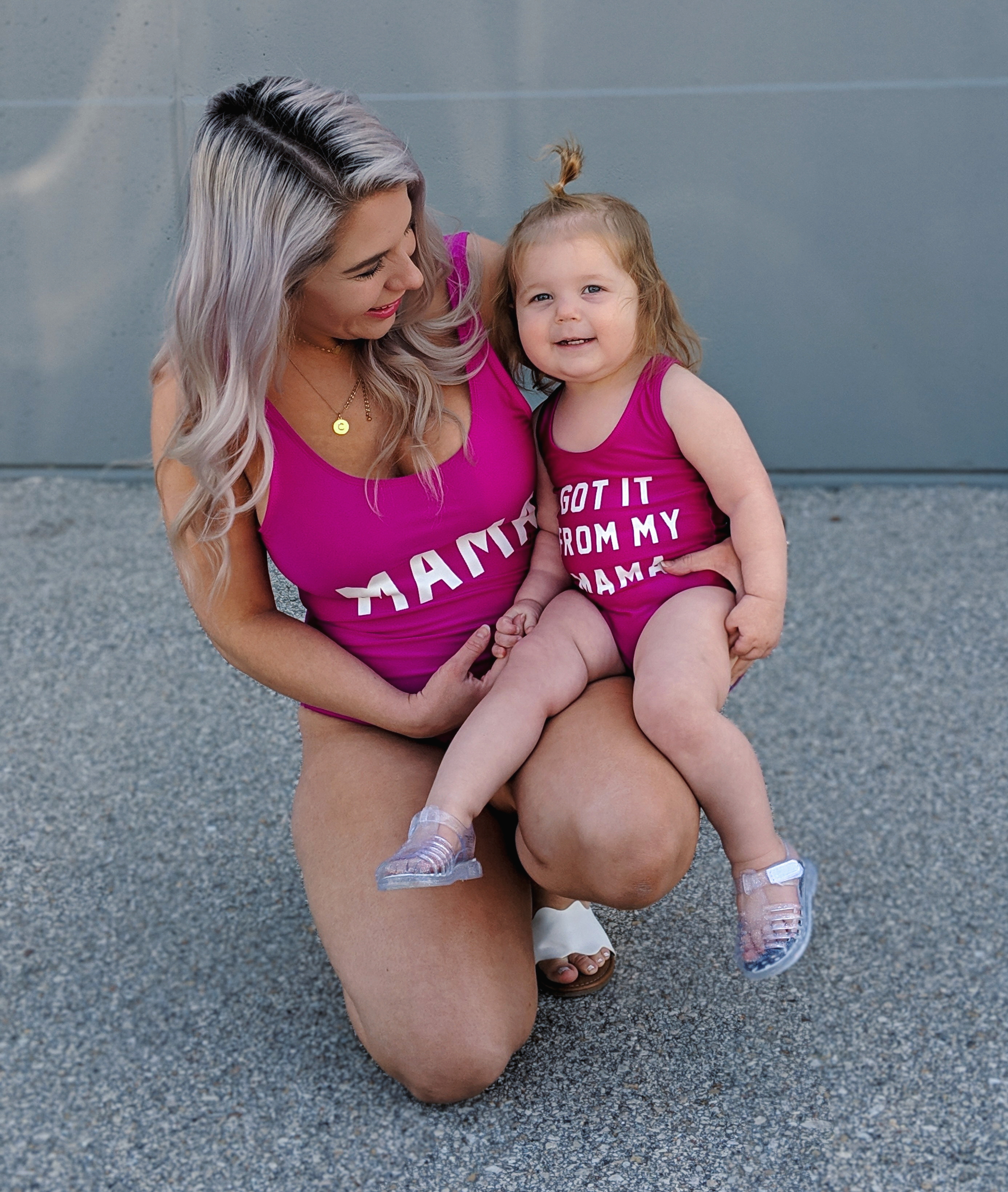 Finally a blogger showing some cheap mommy and me swimsuits! I can't afford those expensive suits and these mommy and me swimsuits are just as cute. Mama and Got it From My Mama swimsuits available in pink and other colors. There's also a Papa version for dads! The cutest mommy and me outfit ideas! #mommyandme #mommyandmeswimsuits #ltkfamily