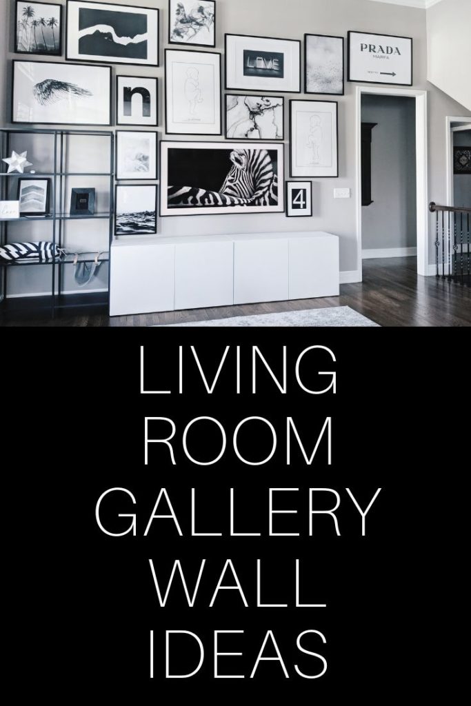 Living Room Gallery Wall Ideas: Looking for gallery wall ideas? This black and white gallery wall is a total showstopper. This is one of the best gallery walls I've ever seen! Includes Desenio posters, Samsung The Frame TV, Ikea Besta as a TV stand, Ikea Ribba frame gallery wall, Ikea Vittsjo shelves. #gallerywall #blackandwhite #monochrome