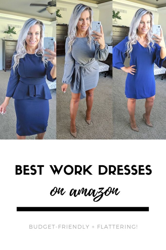 If you have an office job, you NEED to check out this try-on haul! Fashion blogger Tricia Nibarger shows the best work dresses on Amazon 2019. All dresses are budget-friendly and work appropriate. #tryon #amazonfinds #haul #workwear