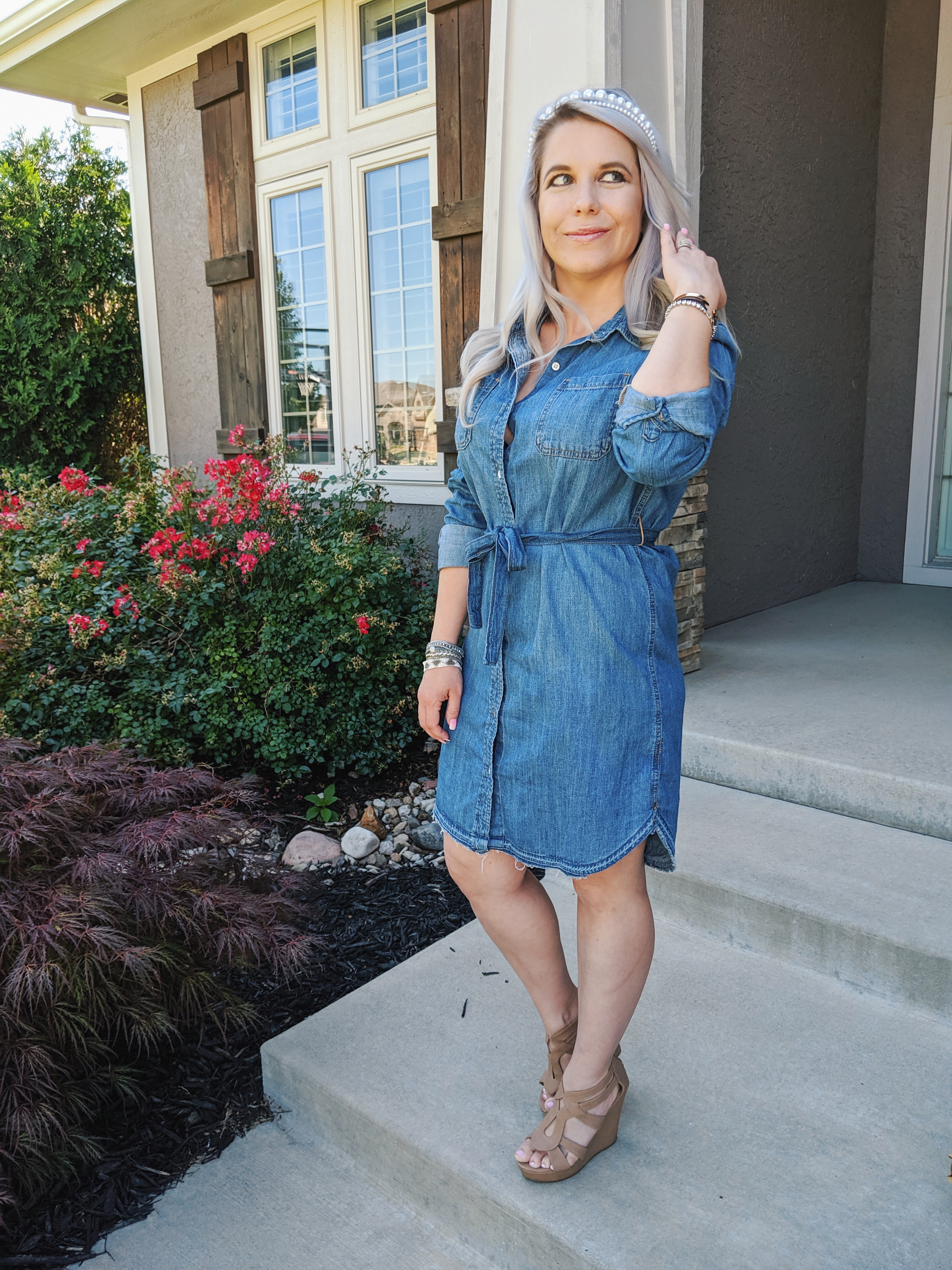 This is the cutest chambray shirt outfit I've seen! :) Love this chambray shirt dress styled with pearl headbands and the cutest accessories. If you're looking for chambray dress outfit ideas or jean shirt dress outfits, check this out! #chambray #shirtdress #target #liketkit 