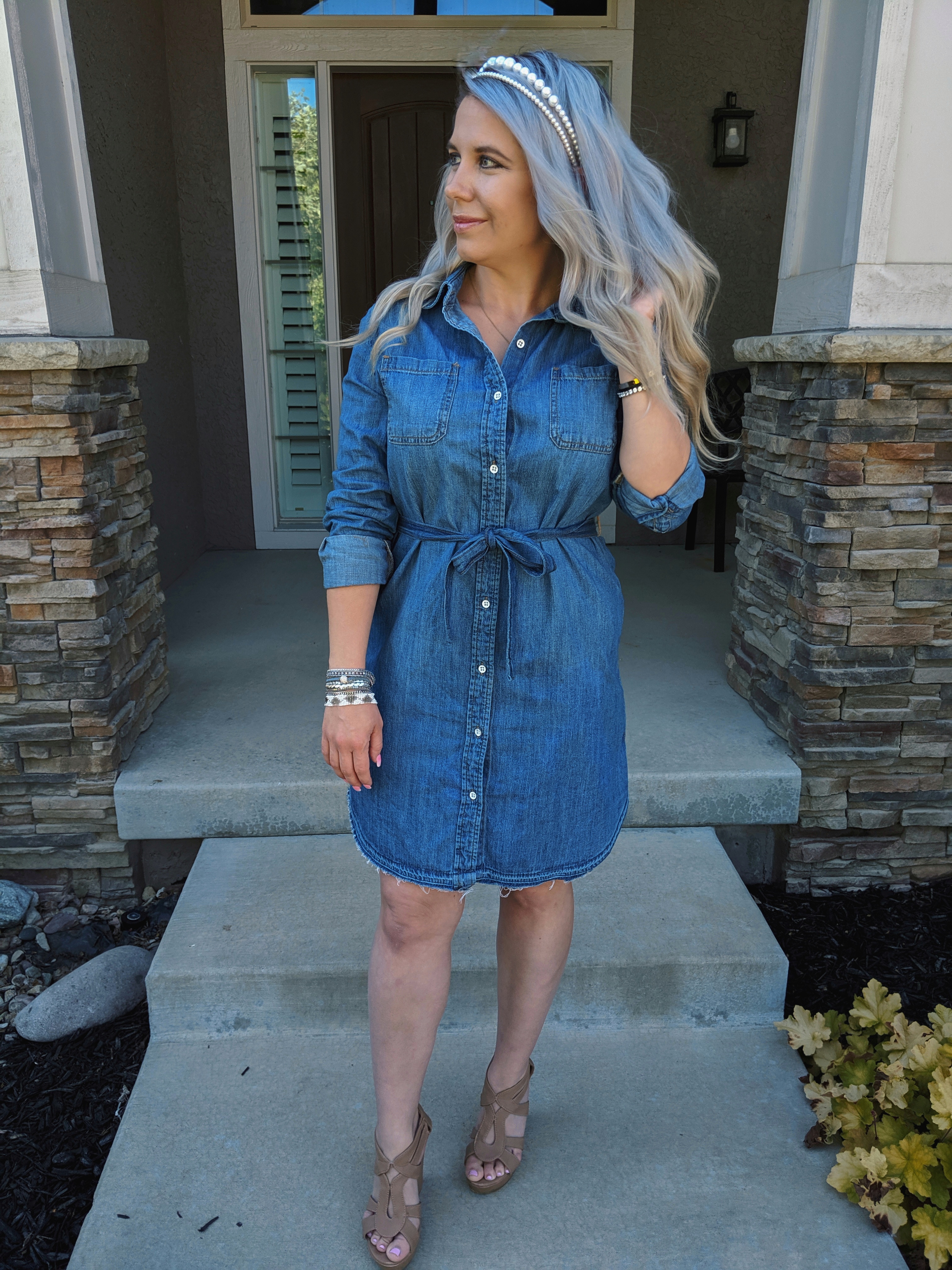 This is the cutest chambray shirt outfit I've seen! :) Love this chambray shirt dress styled with pearl headbands and the cutest accessories. If you're looking for chambray dress outfit ideas or jean shirt dress outfits, check this out! #chambray #shirtdress #target #liketkit 