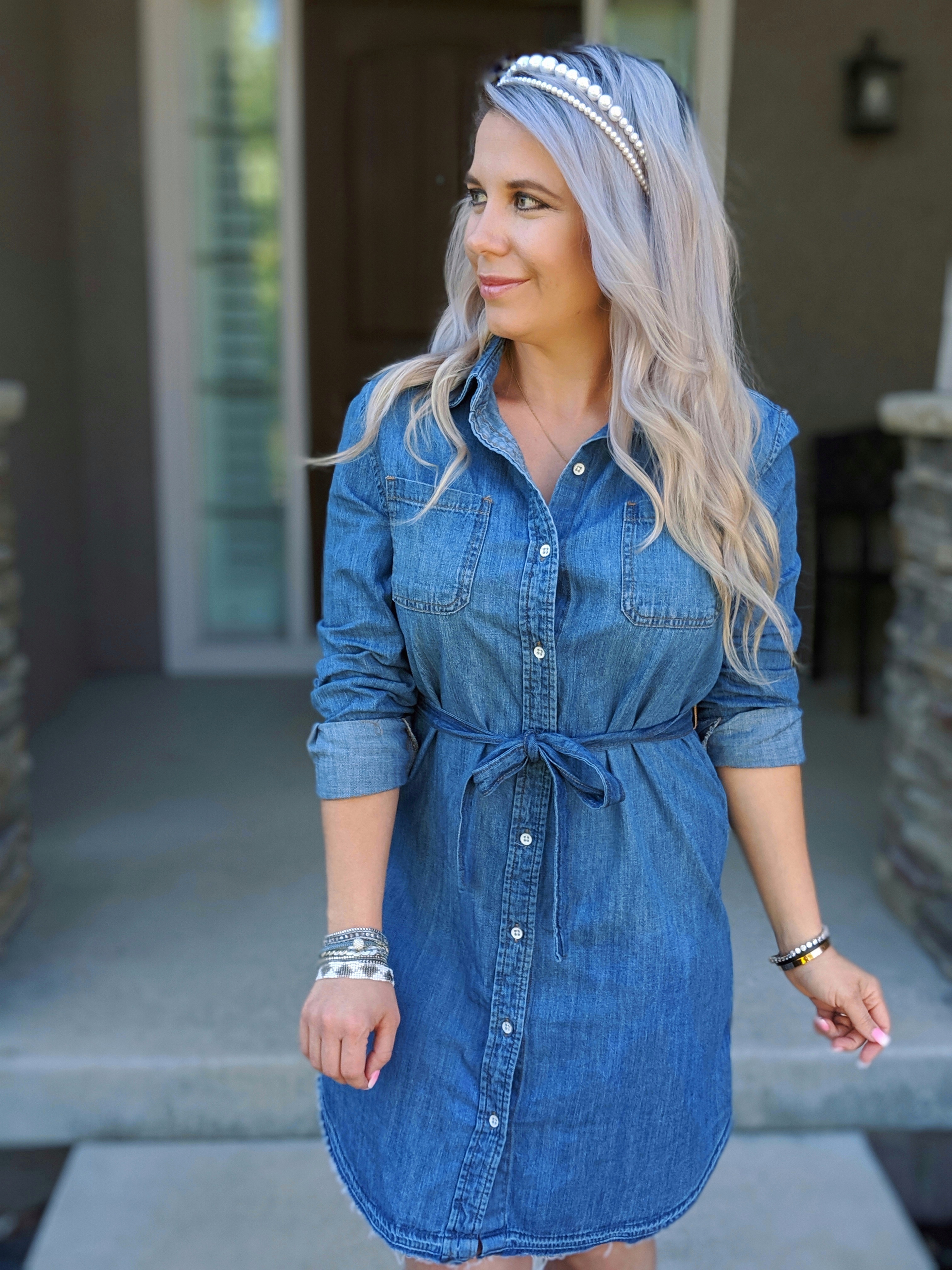 This is the cutest chambray shirt outfit I've seen! :) Love this chambray shirt dress styled with pearl headbands and the cutest accessories. If you're looking for chambray dress outfit ideas or jean shirt dress outfits, check this out! #chambray #shirtdress #target #liketkit 