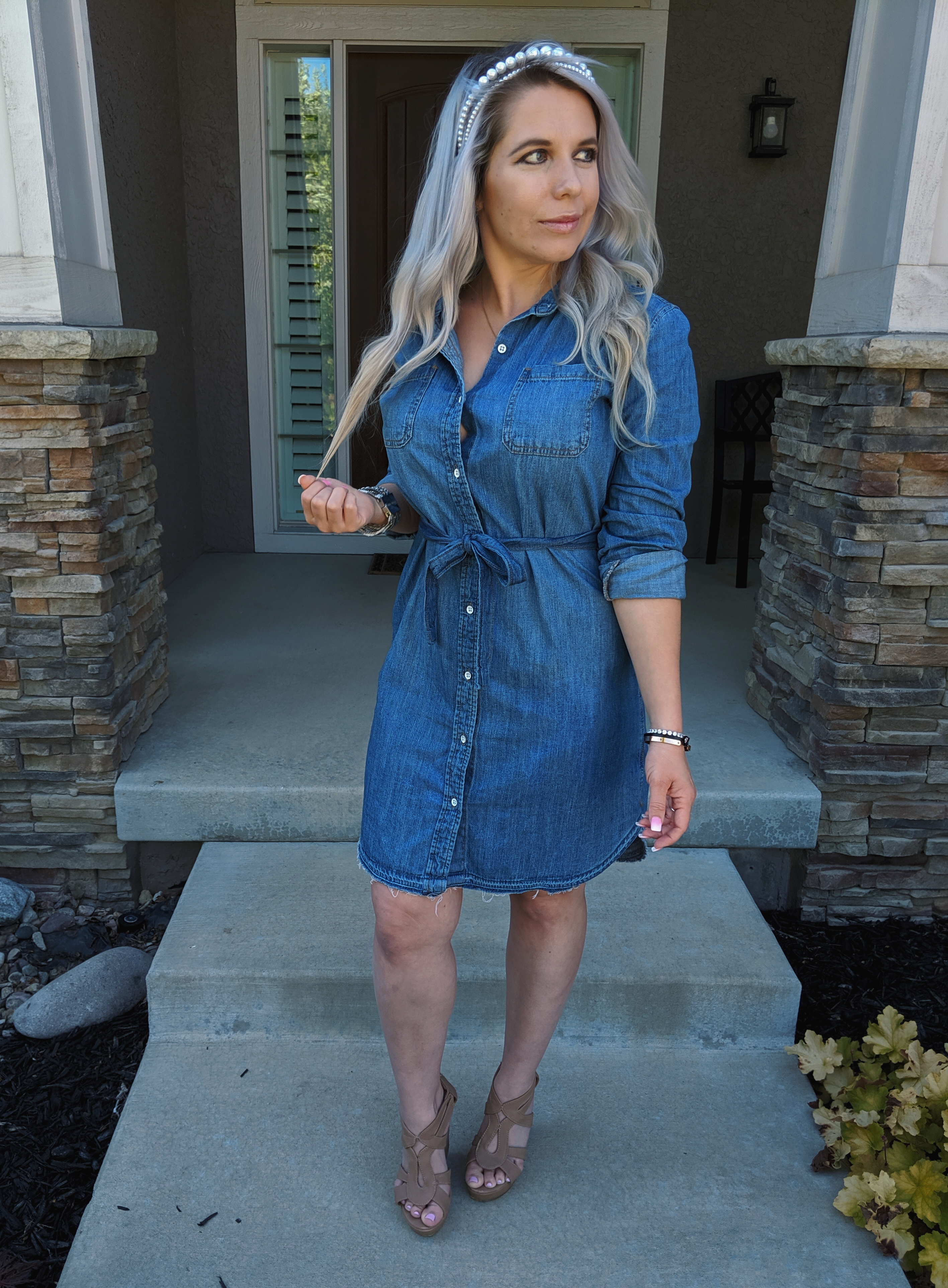 This is the cutest chambray shirt outfit I've seen! :) Love this chambray shirt dress styled with pearl headbands and the cutest accessories. If you're looking for chambray dress outfit ideas or jean shirt dress outfits, check this out! #chambray #shirtdress #target #liketkit 