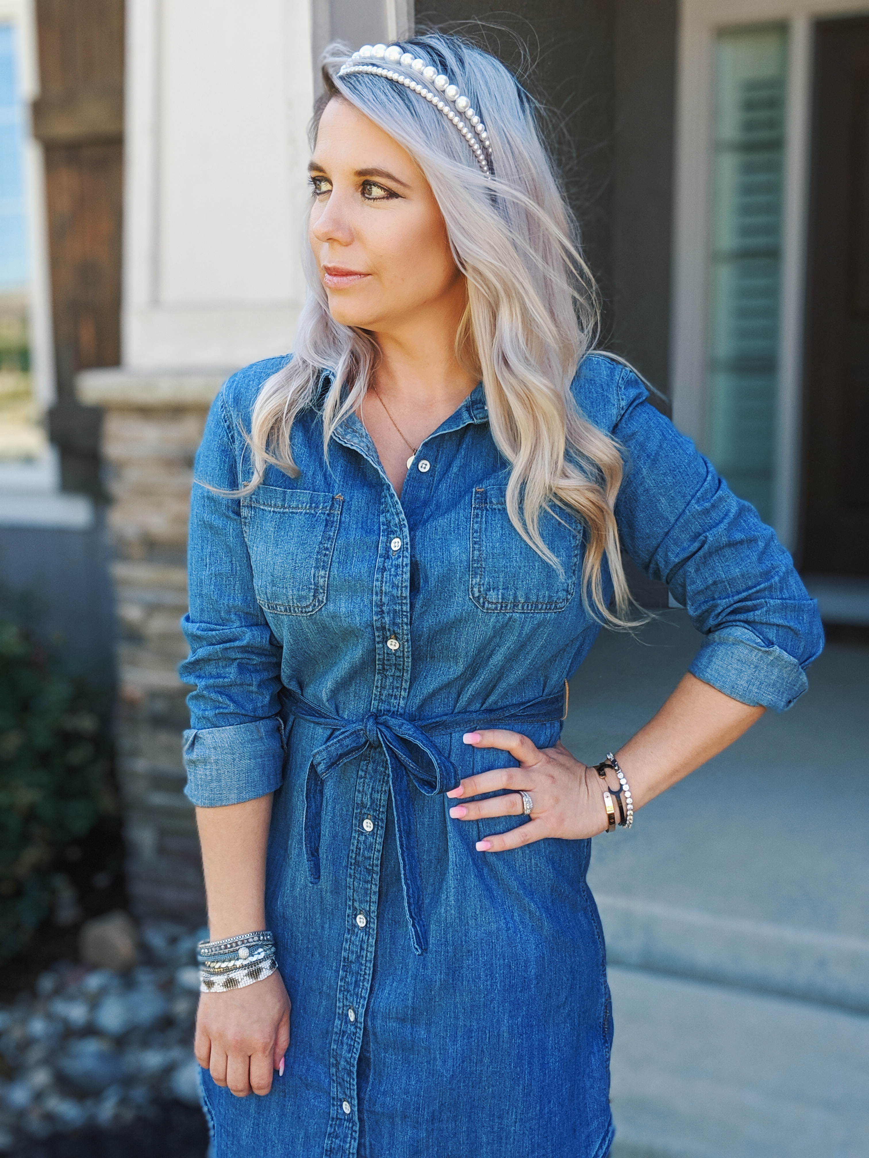 This is the cutest chambray shirt outfit I've seen! :) Love this chambray shirt dress styled with pearl headbands and the cutest accessories. If you're looking for chambray dress outfit ideas or jean shirt dress outfits, check this out! #chambray #shirtdress #target #liketkit 