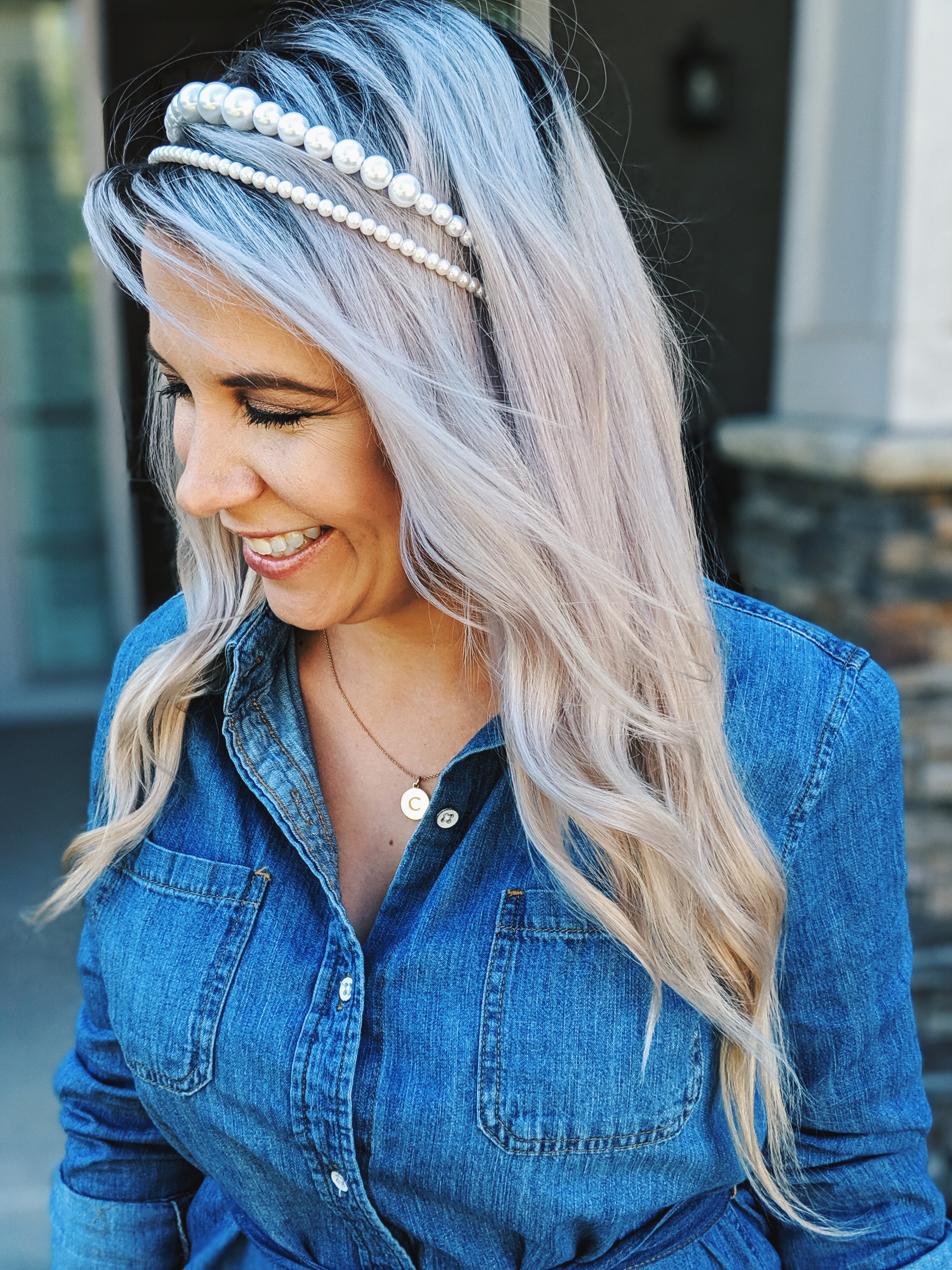 This is the cutest chambray shirt outfit I've seen! :) Love this chambray shirt dress styled with pearl headbands and the cutest accessories. If you're looking for chambray dress outfit ideas or jean shirt dress outfits, check this out! #chambray #shirtdress #target #liketkit 