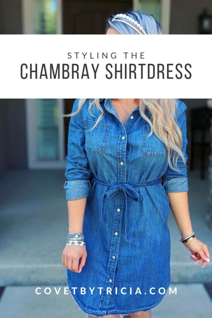 This is the cutest chambray shirt outfit I've seen! :) Love this chambray shirt dress styled with pearl headbands and the cutest accessories. If you're looking for chambray dress outfit ideas or jean shirt dress outfits, check this out! #chambray #shirtdress #target #liketkit