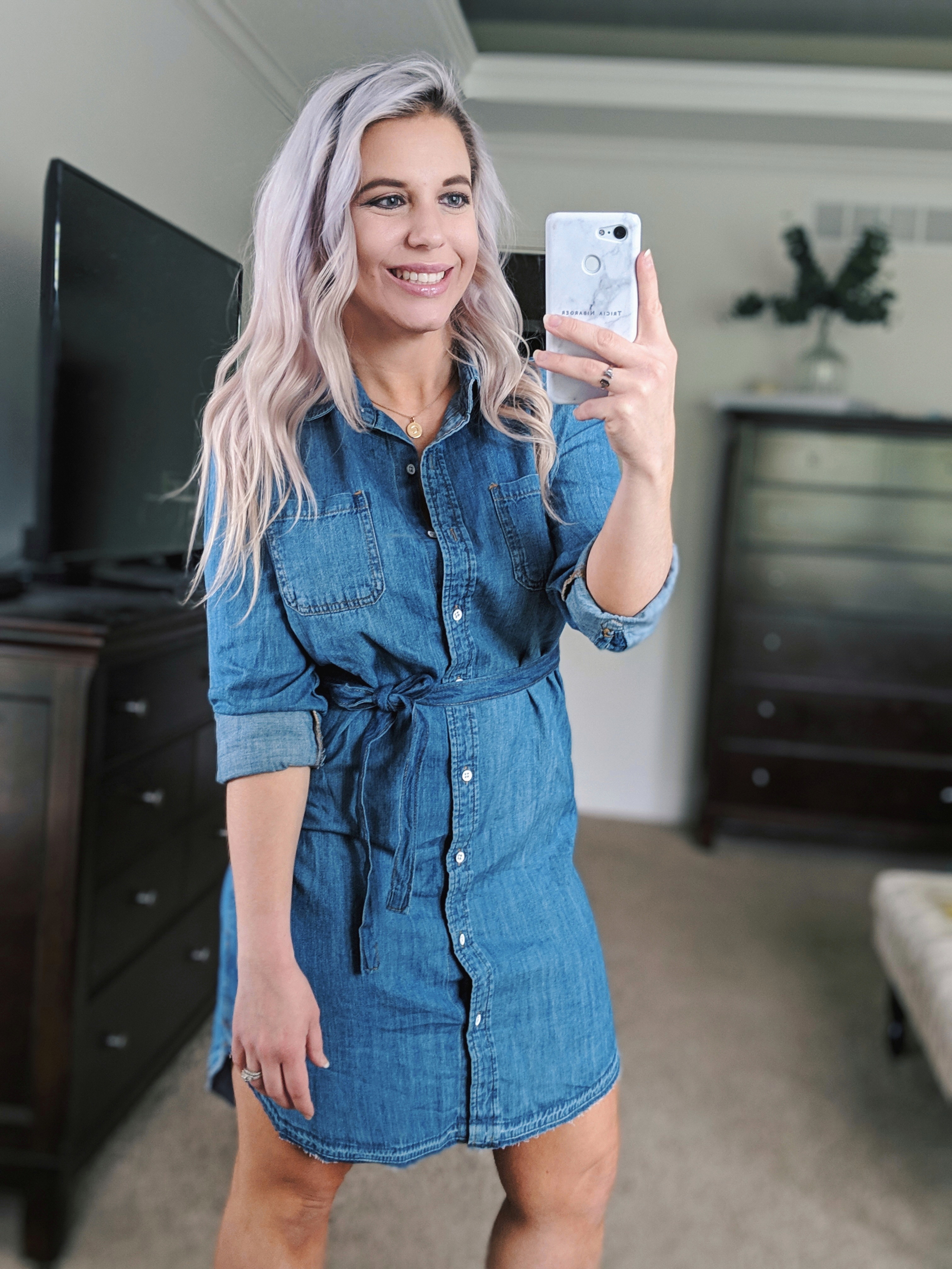 This is the cutest chambray shirt outfit I've seen! :) Love this chambray shirt dress styled with pearl headbands and the cutest accessories. If you're looking for chambray dress outfit ideas or jean shirt dress outfits, check this out! #chambray #shirtdress #target #liketkit 