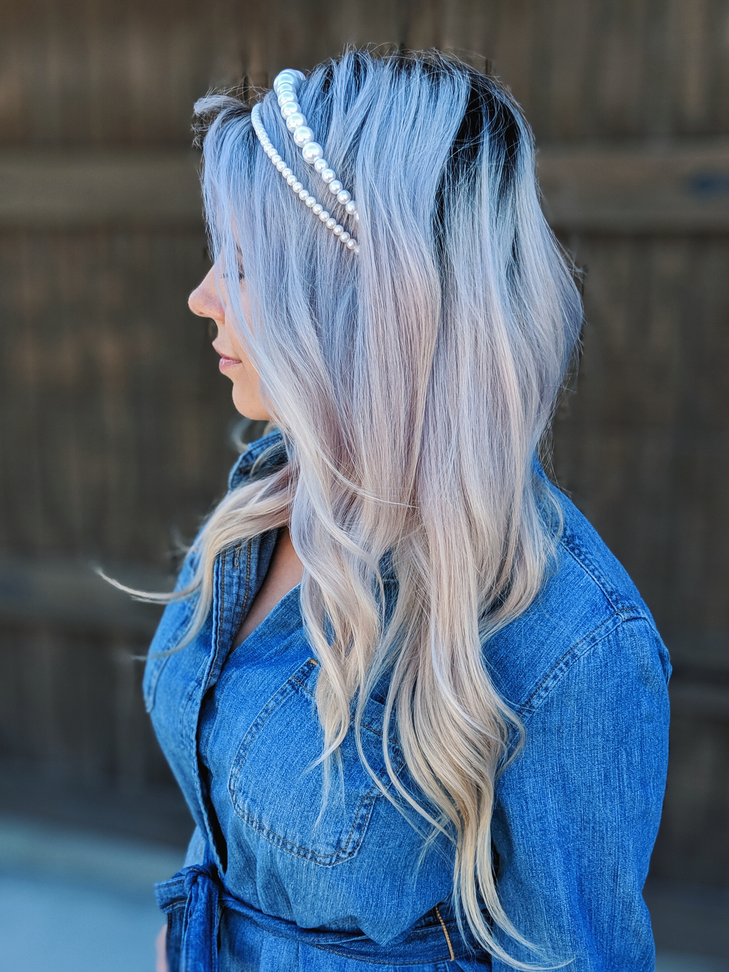 This is the cutest chambray shirt outfit I've seen! :) Love this chambray shirt dress styled with pearl headbands and the cutest accessories. If you're looking for chambray dress outfit ideas or jean shirt dress outfits, check this out! #chambray #shirtdress #target #liketkit 