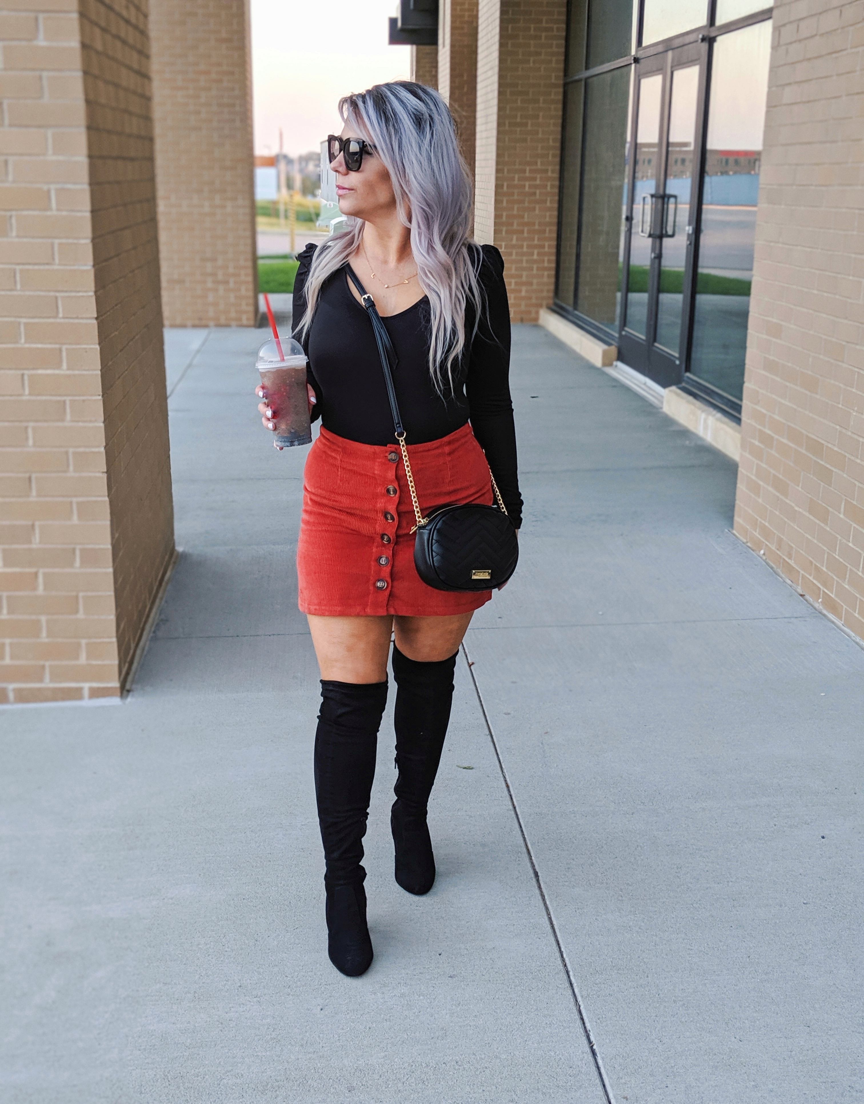 Corduroy Skirt Outfits - Fall Outfits 2019: (ad) Scored this black bodysuit, corduroy skirt, and crossbody bag at Gordmans during their Grand Opening Tour! I shopped the Gordmans in Dyersburg, TN and let me tell you, their prices are too good to pass up! Loving this cute button up corduroy skirt for fall 2019! #GotitatGordmans #GordmansGrandOpeningTour #gthanks 