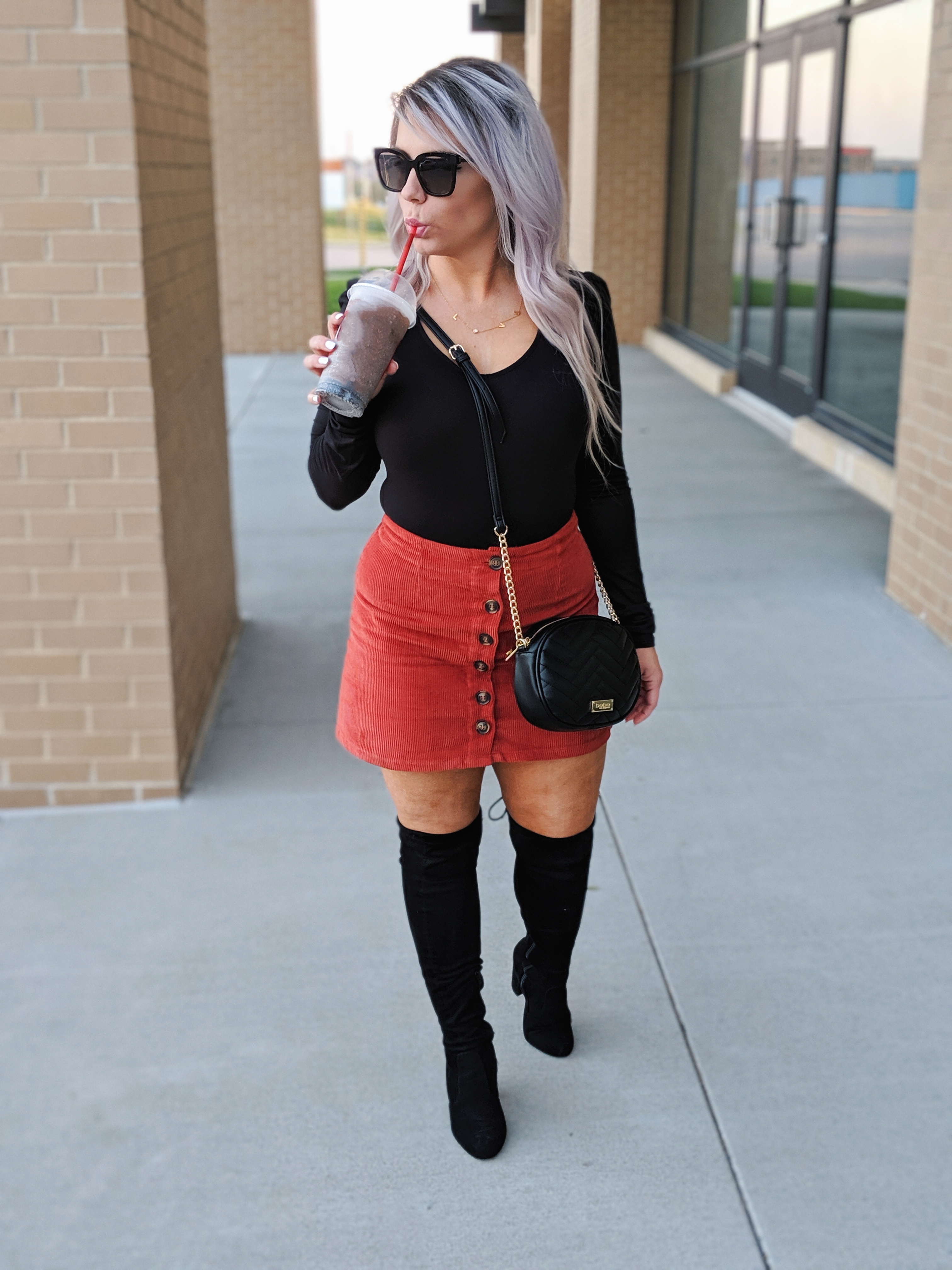 Corduroy Skirt Outfits - Fall Outfits 2019: (ad) Scored this black bodysuit, corduroy skirt, and crossbody bag at Gordmans during their Grand Opening Tour! I shopped the Gordmans in Dyersburg, TN and let me tell you, their prices are too good to pass up! Loving this cute button up corduroy skirt for fall 2019! #GotitatGordmans #GordmansGrandOpeningTour #gthanks 