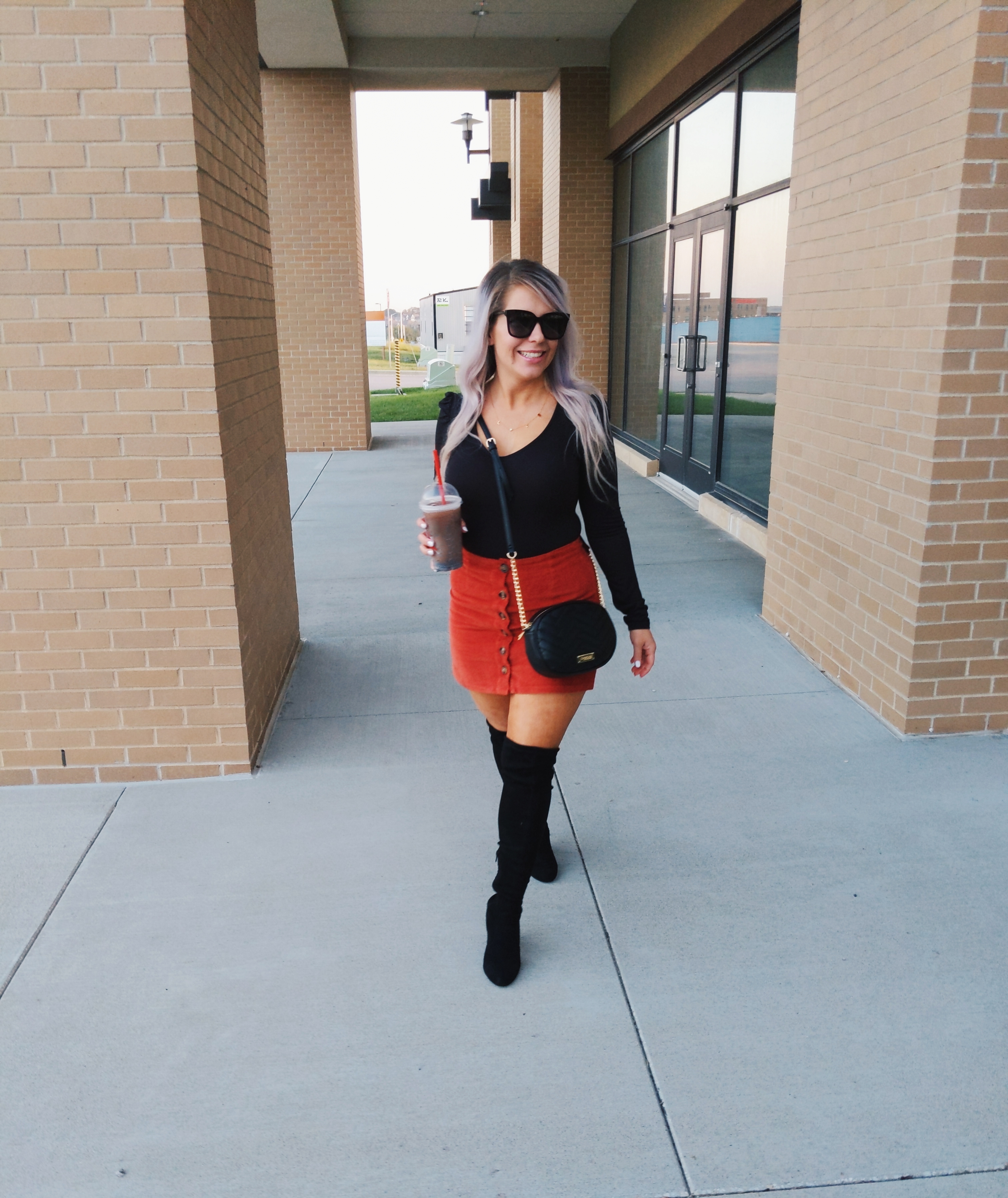 Corduroy Skirt Outfits - Fall Outfits 2019: (ad) Scored this black bodysuit, corduroy skirt, and crossbody bag at Gordmans during their Grand Opening Tour! I shopped the Gordmans in Dyersburg, TN and let me tell you, their prices are too good to pass up! Loving this cute button up corduroy skirt for fall 2019! #GotitatGordmans #GordmansGrandOpeningTour #gthanks 