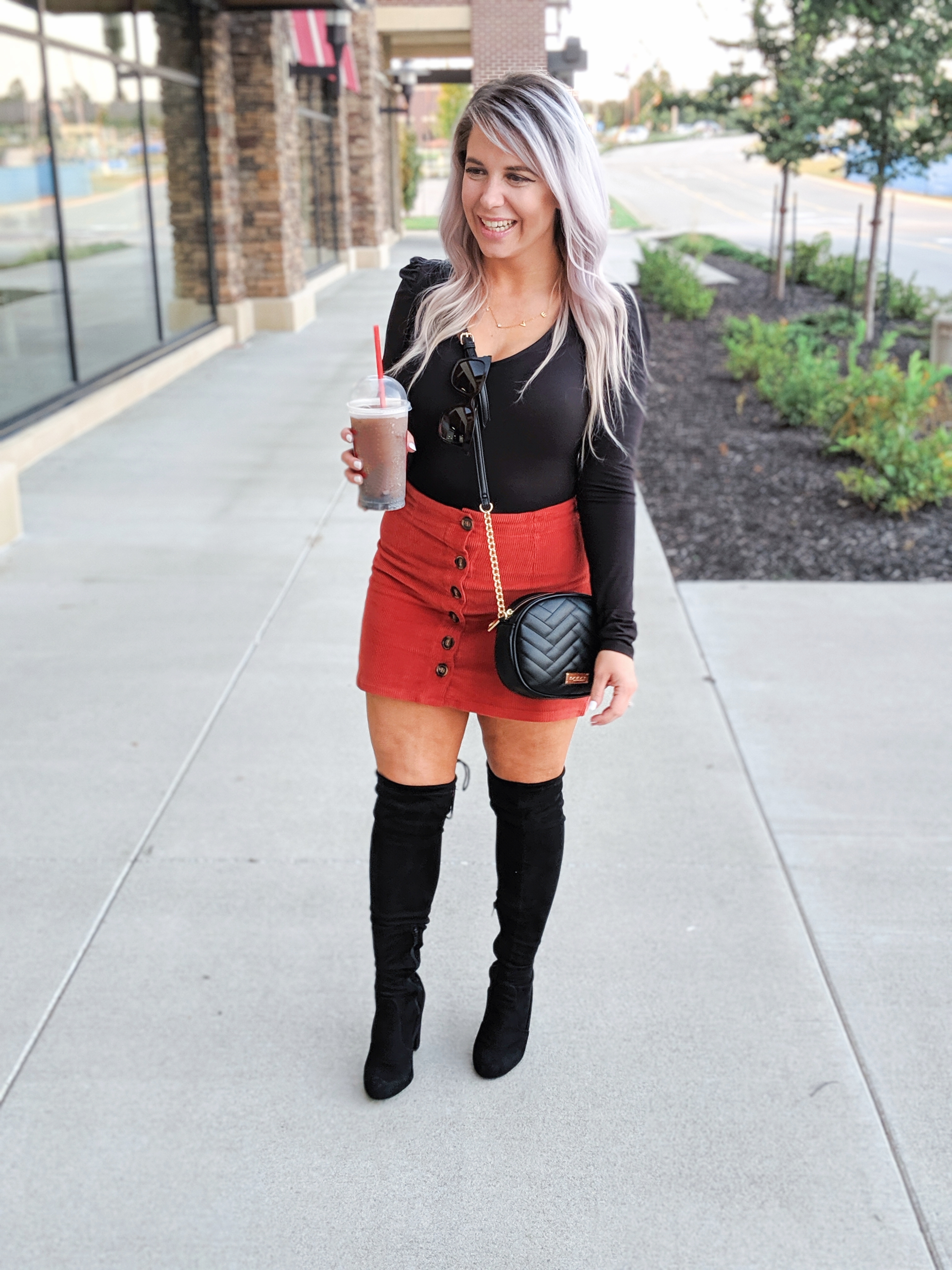 Corduroy Skirt Outfits - Fall Outfits 2019: (ad) Scored this black bodysuit, corduroy skirt, and crossbody bag at Gordmans during their Grand Opening Tour! I shopped the Gordmans in Dyersburg, TN and let me tell you, their prices are too good to pass up! Loving this cute button up corduroy skirt for fall 2019! #GotitatGordmans #GordmansGrandOpeningTour #gthanks 